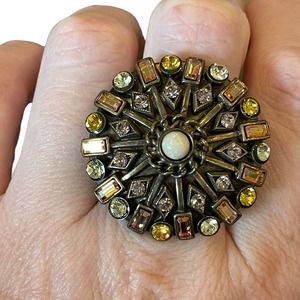 SORRELLI Multi Color Rhinestone Crystal Cocktail Statement Ring Adjustable Sz 8